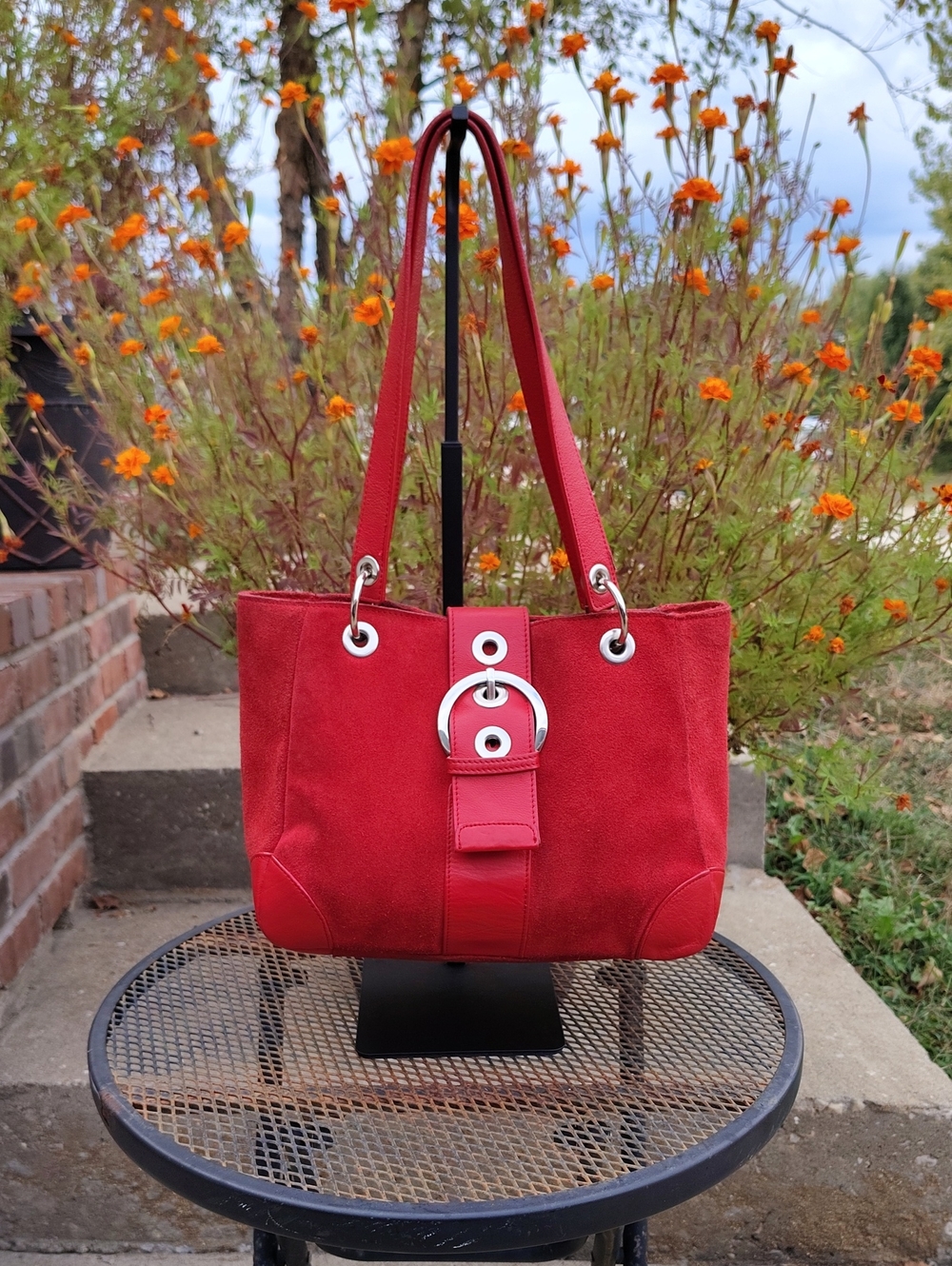 Vintage Bath & Body Works Suede Leather Buckle Shoulder Bag Red Y2K Classic